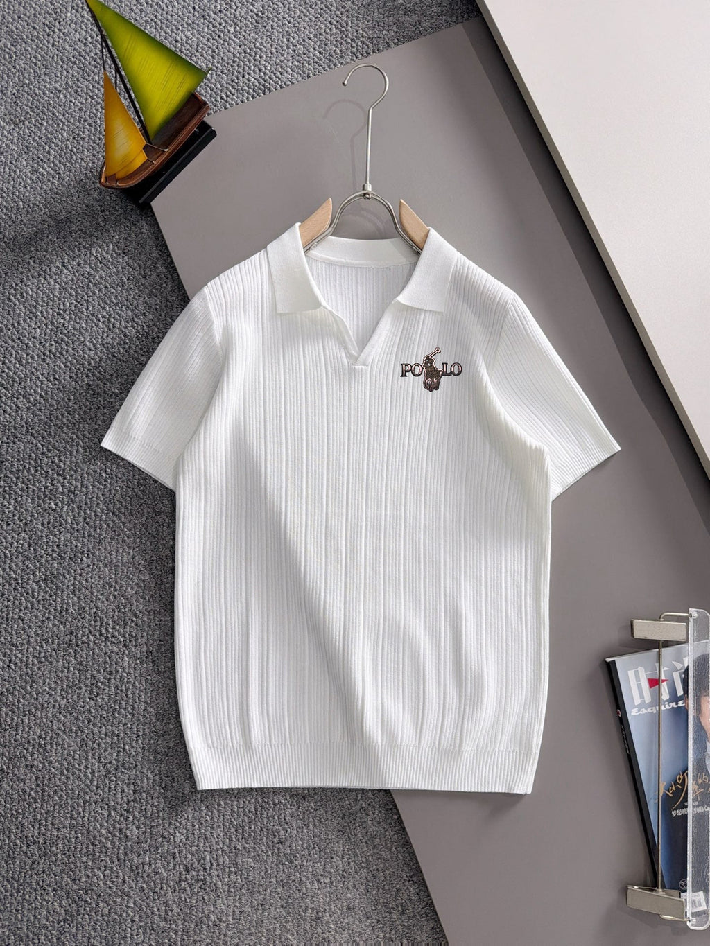 Men's Vertical Ribbed Knit Short‑Sleeve Polo Shirt Open V‑Collar Chest Embroidery Top